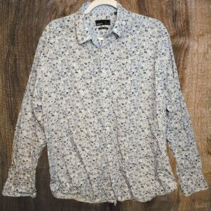 Quieti Floral Button Front Shirt Men’s Large Blue‎ Cotton Tencel Soft Casual Top